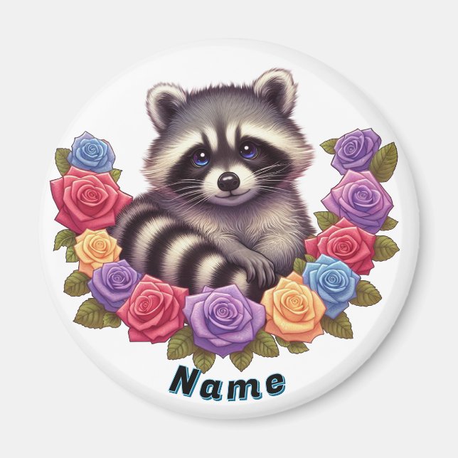 Raccoon umgeben von lebhaften bunten Rose Magnet (Vorne)
