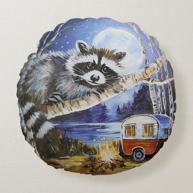 Raccoon und Camper Rundwurfkissen Rundes Kissen (Vorderseite)
