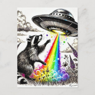 Raccoon und das Rainbow UFO auf einer Wildblume Postkarte
