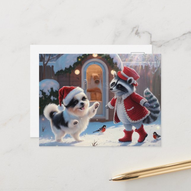 Raccoon und ein Niedlicher Hund Weihnachten Postkarte (Vorderseite/Rückseite Beispiel)