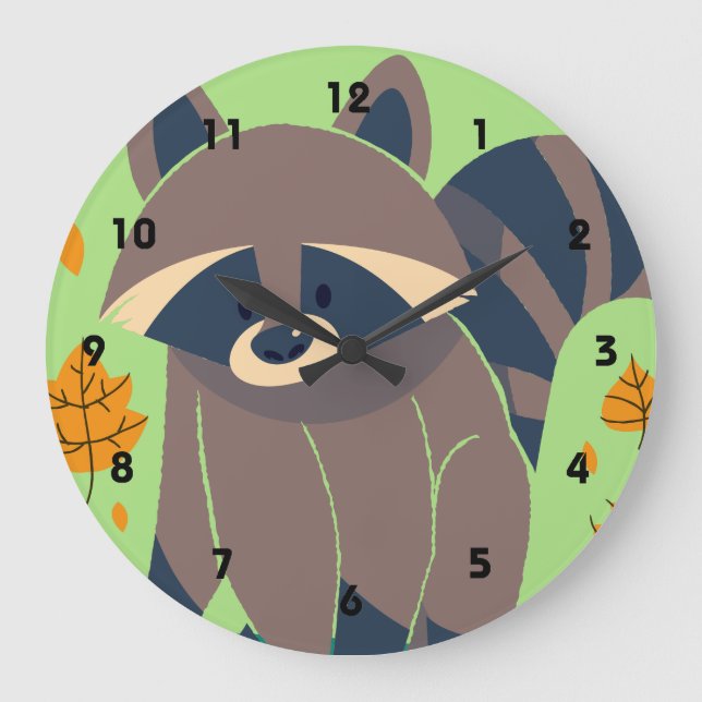 Raccoon und Herbstlaub Große Wanduhr (Vorderseite)
