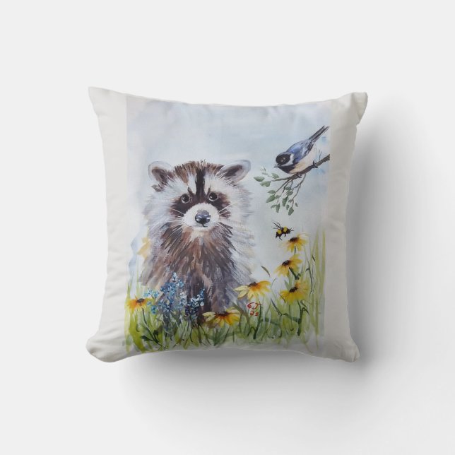 Raccoon und Spring Friends Throw Kissen (Vorderseite)