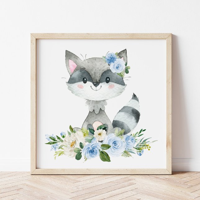 Raccoon, Waldtiere, Boho, Blaublumen Poster (Von Creator hochgeladen)