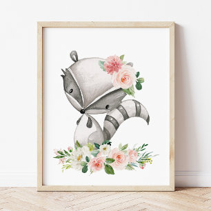 Raccoon, Waldtiere, Boho, rosa Blume Poster
