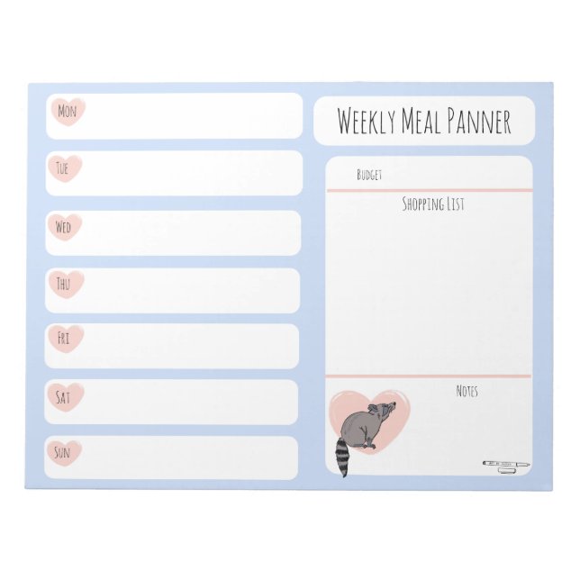 Raccoon Weekly Meal Planer Notizblock (Vorderseite)