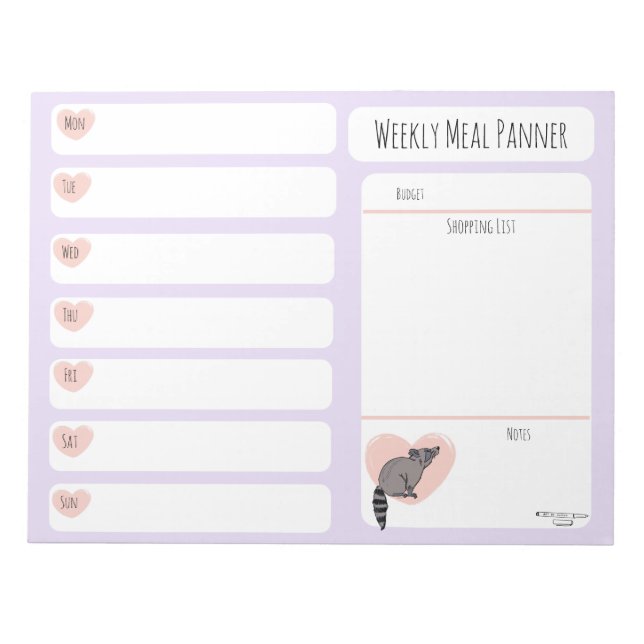 Raccoon Weekly Meal Planer Notizblock (Vorderseite)