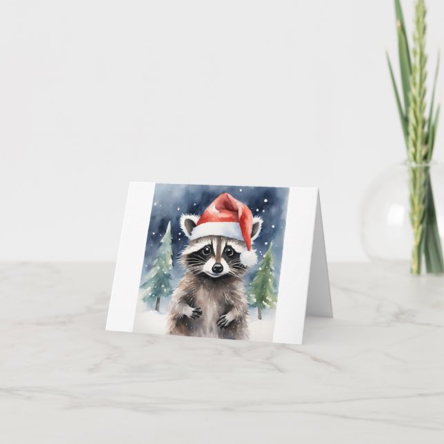 Raccoon Weihnachtsmannmütze Weihnachten Karte (Vorderseite)