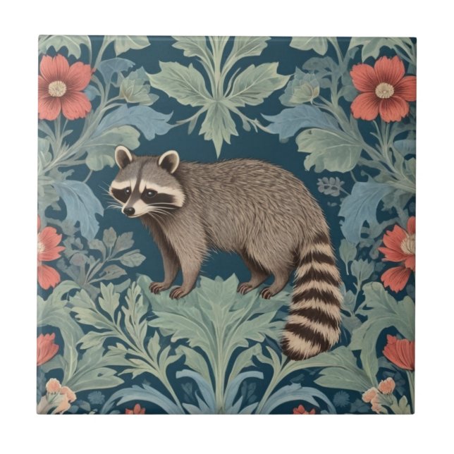 Raccoon William Morris Stil Links gegenüber Floral Fliese (Vorderseite)