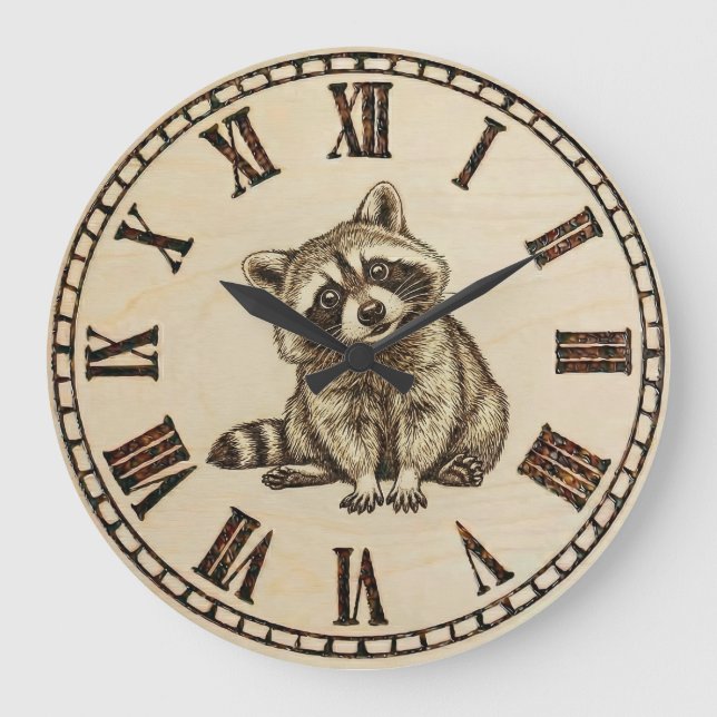 Raccoon Wooden Wall Clock Große Wanduhr (Vorderseite)