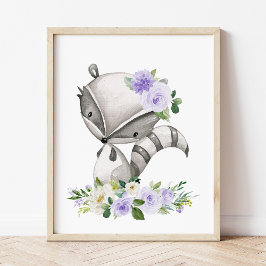 Raccoon, Woodland Animals, Boho, Purple Flowers Fotodruck