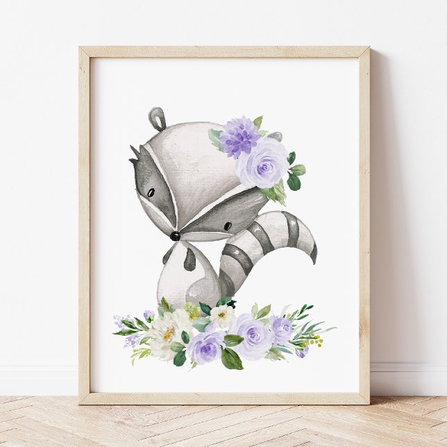 Raccoon, Woodland Animals, Boho, Purple Flowers Fotodruck (Von Creator hochgeladen)