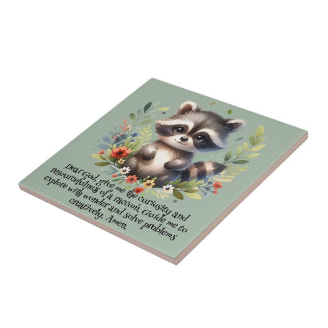 Raccoon Woodland Kinder Christliches Gebet auf bla Fliese (Seite)