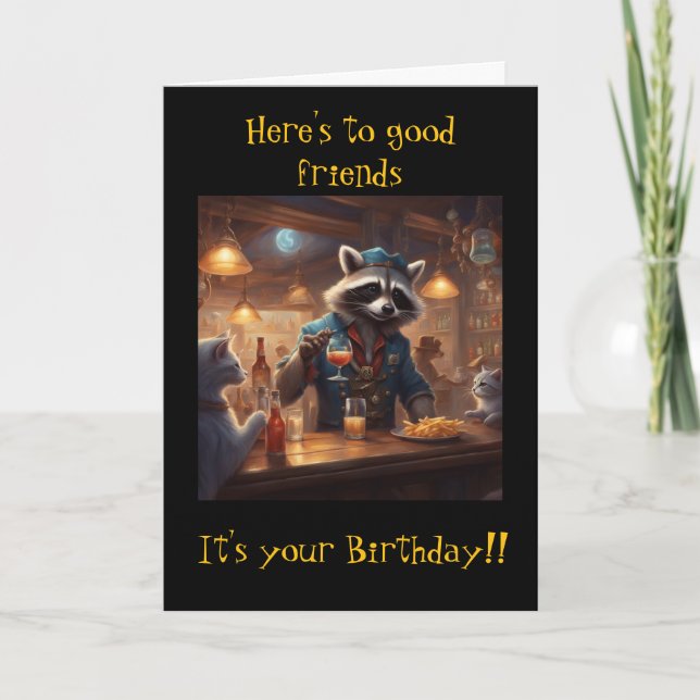 Raccoons and Cats share drinks in the bar birthday Karte (Vorderseite)
