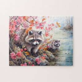 Raccoons  near autumn pond scene puzzle