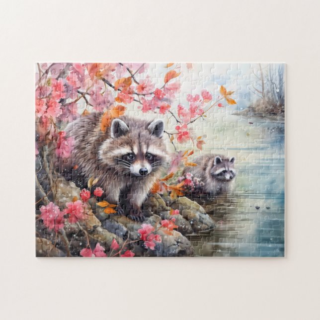 Raccoons  near autumn pond scene puzzle (Horizontal)