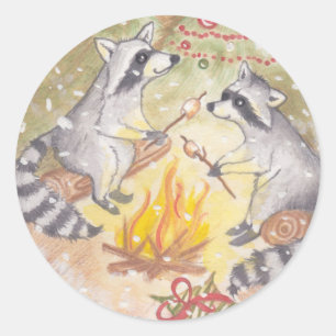 Raccoons Roasting Marshmallows Weihnachtsaufkleber Runder Aufkleber