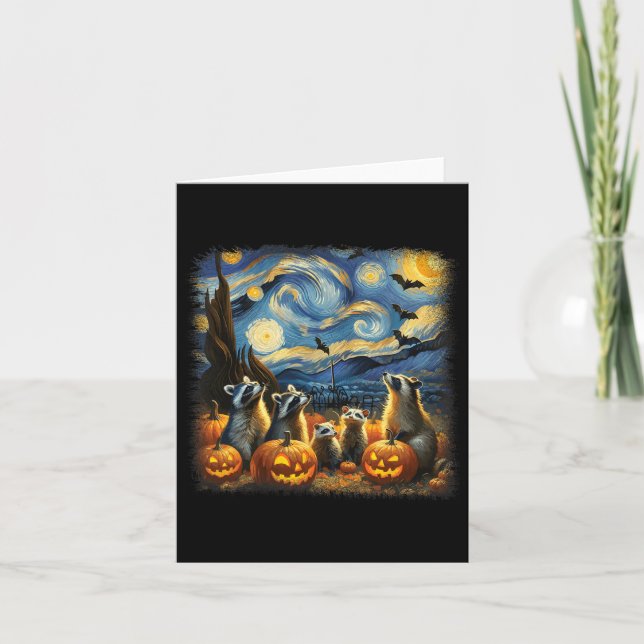 Raccoons und Possum Halloween Fall Van Gogh Starry Karte (Vorderseite)