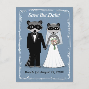 Raccoons Wedding Save the Date Blue Ankündigungspostkarte