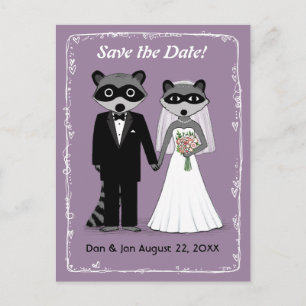 Raccoons Wedding Save the Date Lila Ankündigungspostkarte