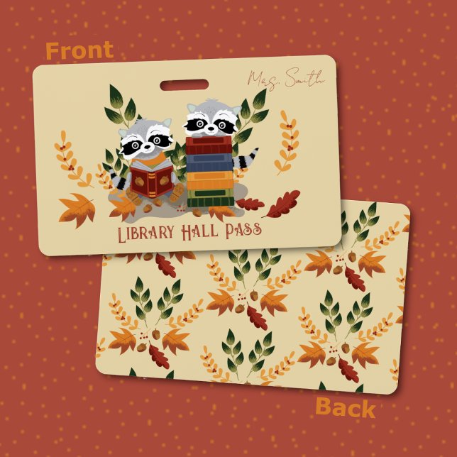 Raccos mit Books Library Hall Pass Abzeichen Ausweis (Front and back view of the hall pass badge .)