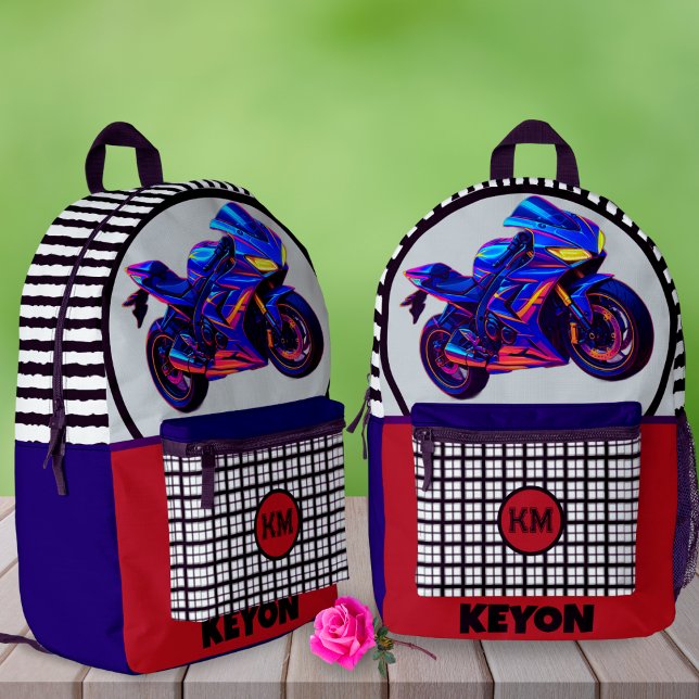 Race Bike Gingham Custom Name Left-Handed School  Bedruckter Rucksack (Von Creator hochgeladen)
