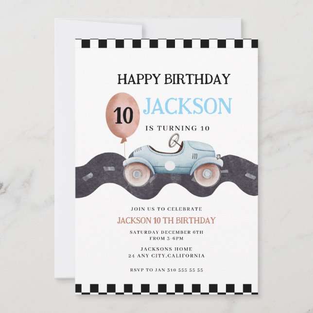 Race Car 10th Birthday Invitation for Boys Einladung (Vorderseite)