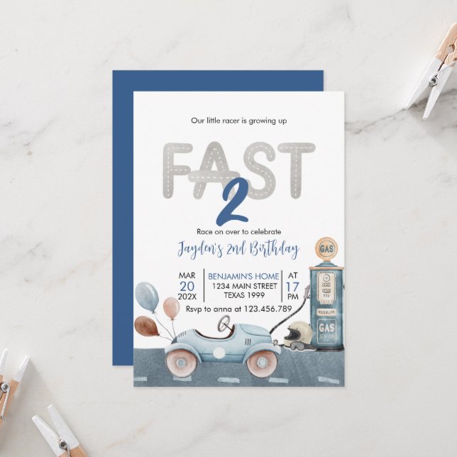 Race Car 2. Racing 2 Fast Birthday Einladung (Vorderseite/Rückseite Beispiel)