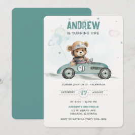 Race Car Baby Bear 1. Geburtstag Einladung