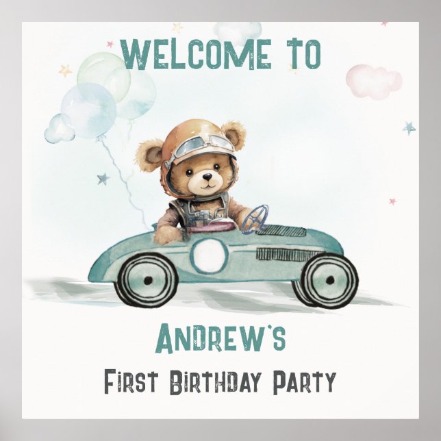 Race Car Baby Bear Geburtstag Begrüßungszeichen Poster (Vorne)