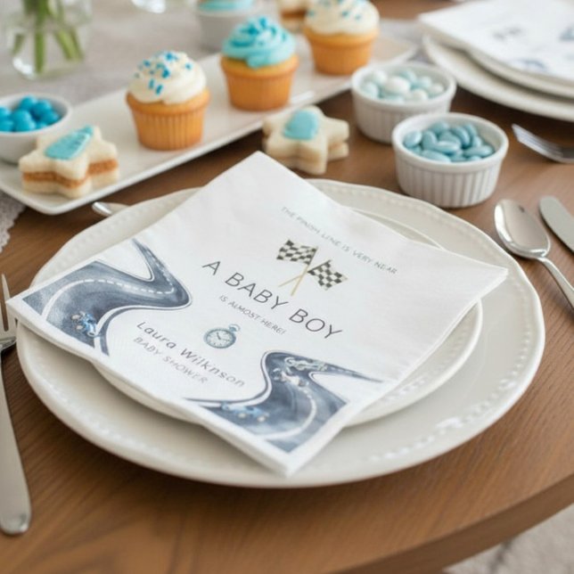 Race Car Baby Boy A Baby Is Almost Here Party Napk Serviette (Von Creator hochgeladen)