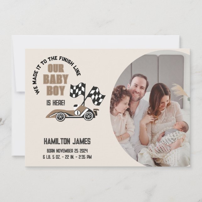 Race Car Baby Boy Birth Ankündigung (Vorderseite)
