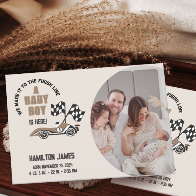 Race Car Baby Boy Birth Foto Ankündigung (Von Creator hochgeladen)