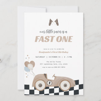 Race Car Beige Fast One First Birthday Invite Einladung