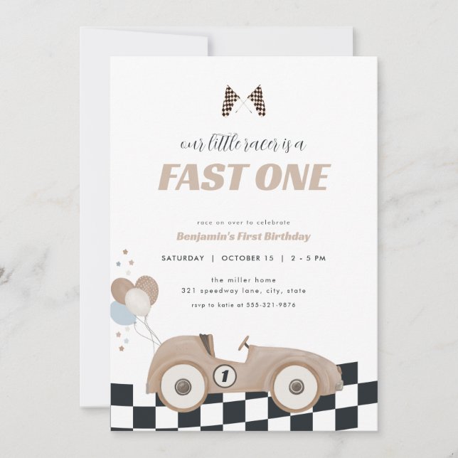 Race Car Beige Fast One First Birthday Invite  Einladung (Vorderseite)