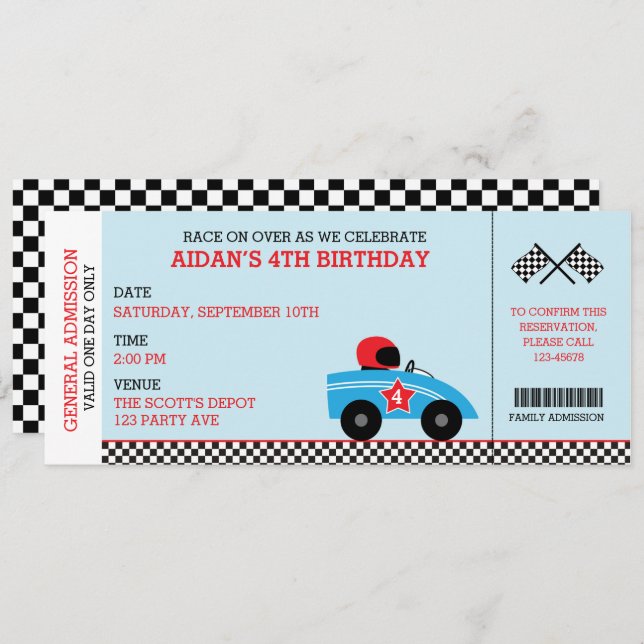 Race Car Birthday Einladungen Boarding Ticket (Vorne/Hinten)