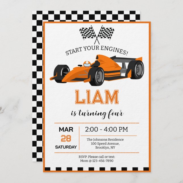 Race Car Birthday Party Invitation Einladung (Vorne/Hinten)