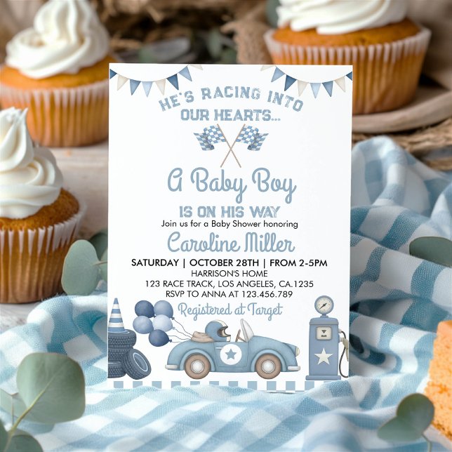 Race Car Blue Boy Baby Shower Einladung (Von Creator hochgeladen)