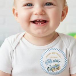 Race Car Blue Checkered Flag Boy First Birthday  Button