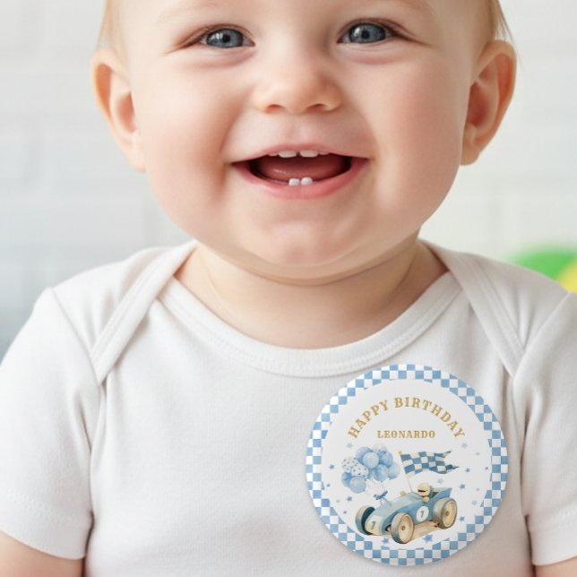 Race Car Blue Checkered Flag Boy First Birthday  Button (Von Creator hochgeladen)