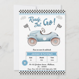 Race Car blue Vintag Ready Set 6. Geburtstag Einladung
