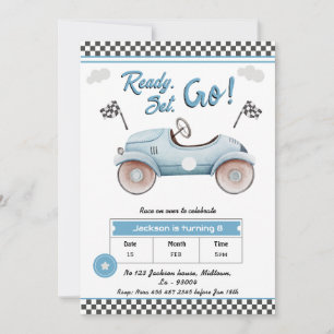 Race Car blue Vintag Ready Set 8. Geburtstag Einladung