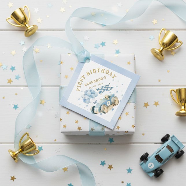 Race Car Blue Watercolor Boy First Birthday Geschenkanhänger (Von Creator hochgeladen)