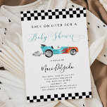 Race Car Boy Baby Shower Einladung<br><div class="desc">Niedliches Rennwagen Thema Baby Dusche Einladung Karte mit der Abbildung eines blauen Vintage Auto mit Flammen. Im Text steht: "Rennen Sie um eine Babydusche." Ideal für die Babydusche Ihres Kindes.</div>