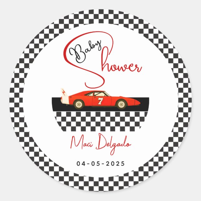 Race Car Boy Baby Shower | Little Racer Party Runder Aufkleber (Vorderseite)