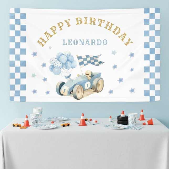 Race Car Boy First Birthday Blue Watercolor  Banner (Von Creator hochgeladen)