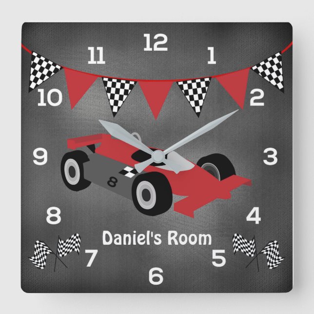 Race Car Chalkboard für Kinder Personalisiert Uhr (Vorderseite)