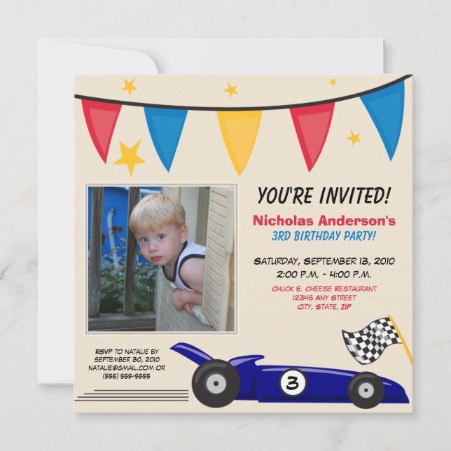 Race Car Custom Birthday Party Einladung (taupe) (Vorderseite)