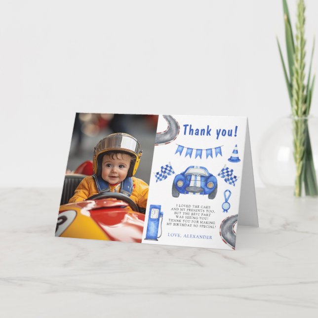 Race Car Erste Geburtstagsparty Danke (Vorderseite)