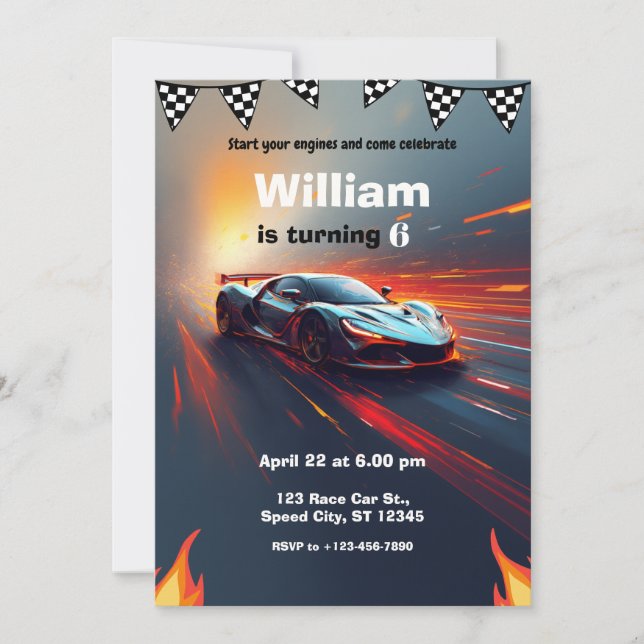 Race Car Flames Rally Birthday Party Einladung (Vorderseite)