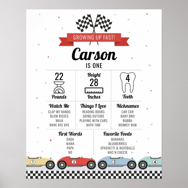 Race Car Geburtstag Meilenstein Chart Geburtstagsk Poster (Vorne)